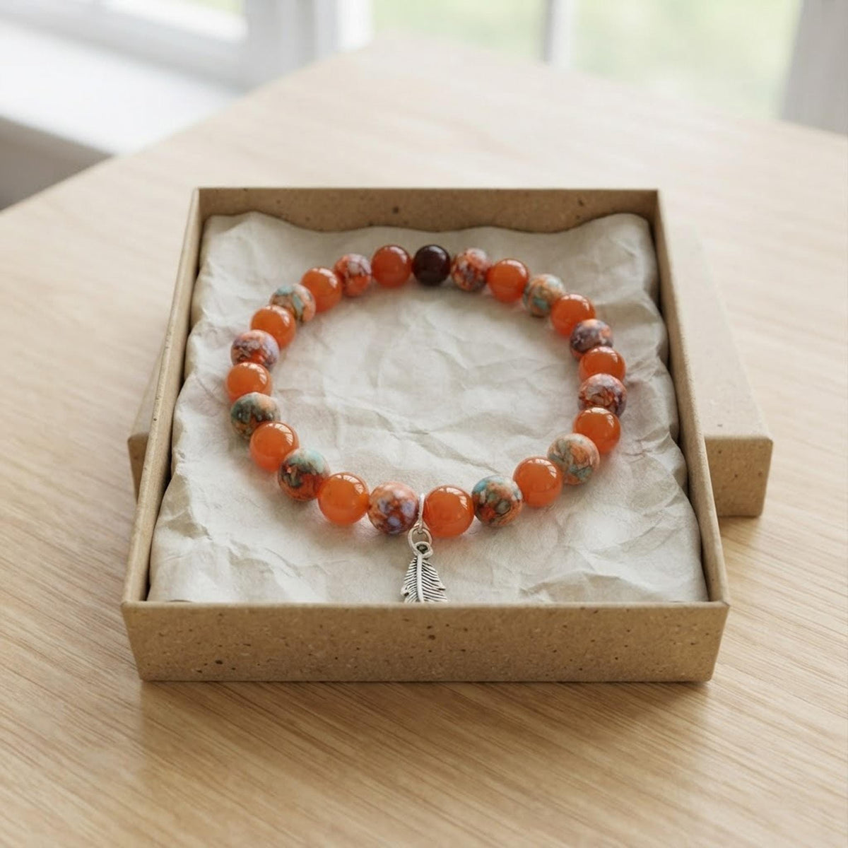 Bracelet homme en perles fantaisie dans les tons de orange - "Ecorce de Feu" -
