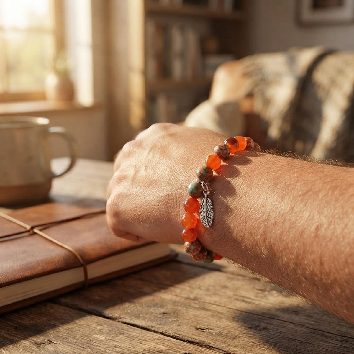 Bracelet homme en perles fantaisie dans les tons de orange - "Ecorce de Feu" -