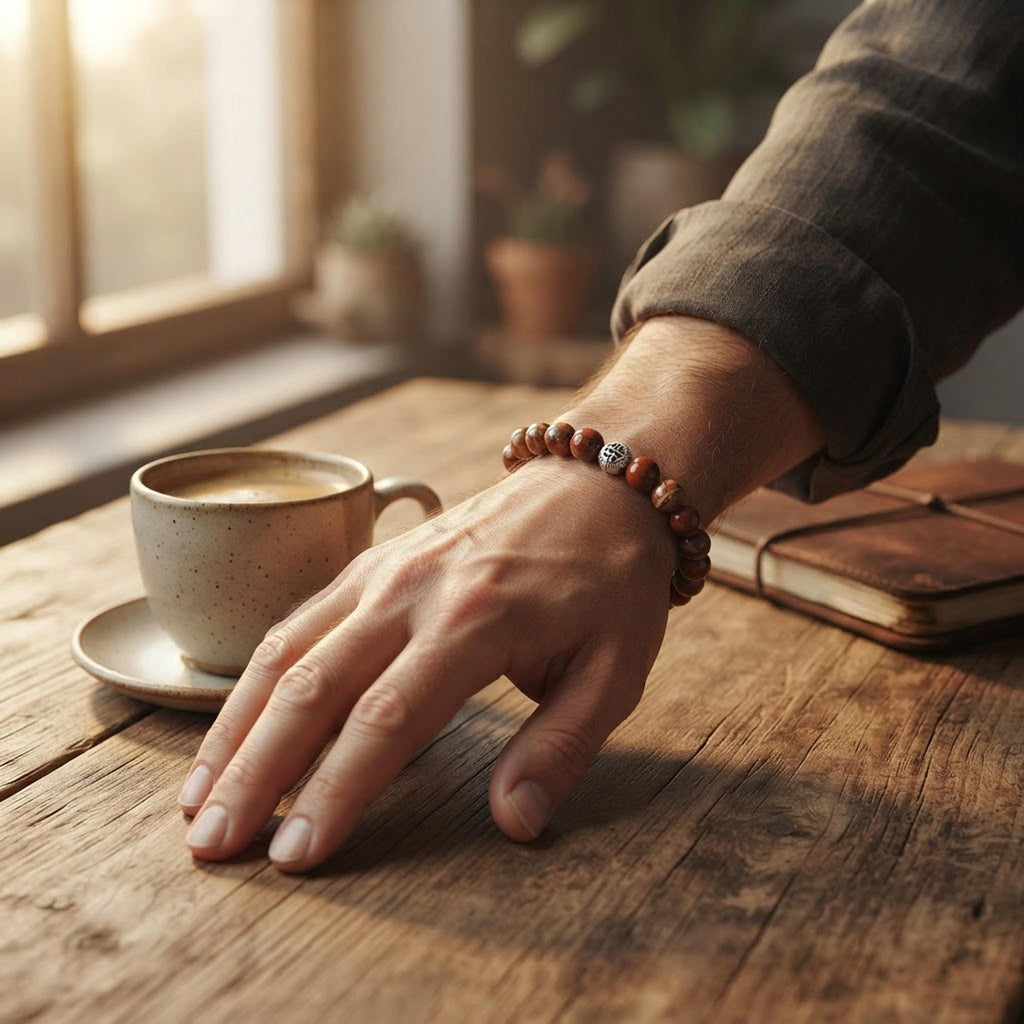 Bracelet Homme en Pierres (origine indéterminée) Rouge Brun, avec Intercalaires Argentés - "Terre Rouge" -