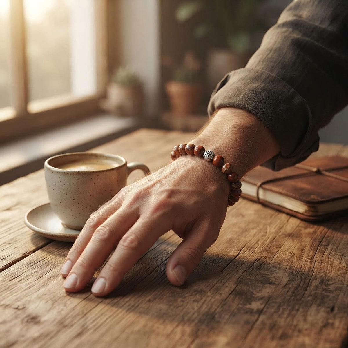 Bracelet Homme en Pierres (origine indéterminée) Rouge Brun, avec Intercalaires Argentés - "Terre Rouge" -