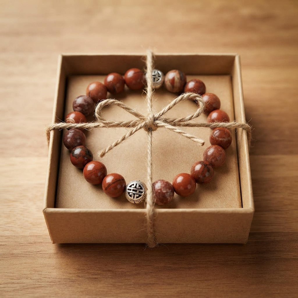 Bracelet Homme en Pierres (origine indéterminée) Rouge Brun, avec Intercalaires Argentés - "Terre Rouge" -