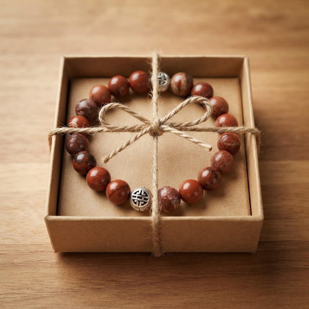 Bracelet Homme en Pierres (origine indéterminée) Rouge Brun, avec Intercalaires Argentés - "Terre Rouge" -