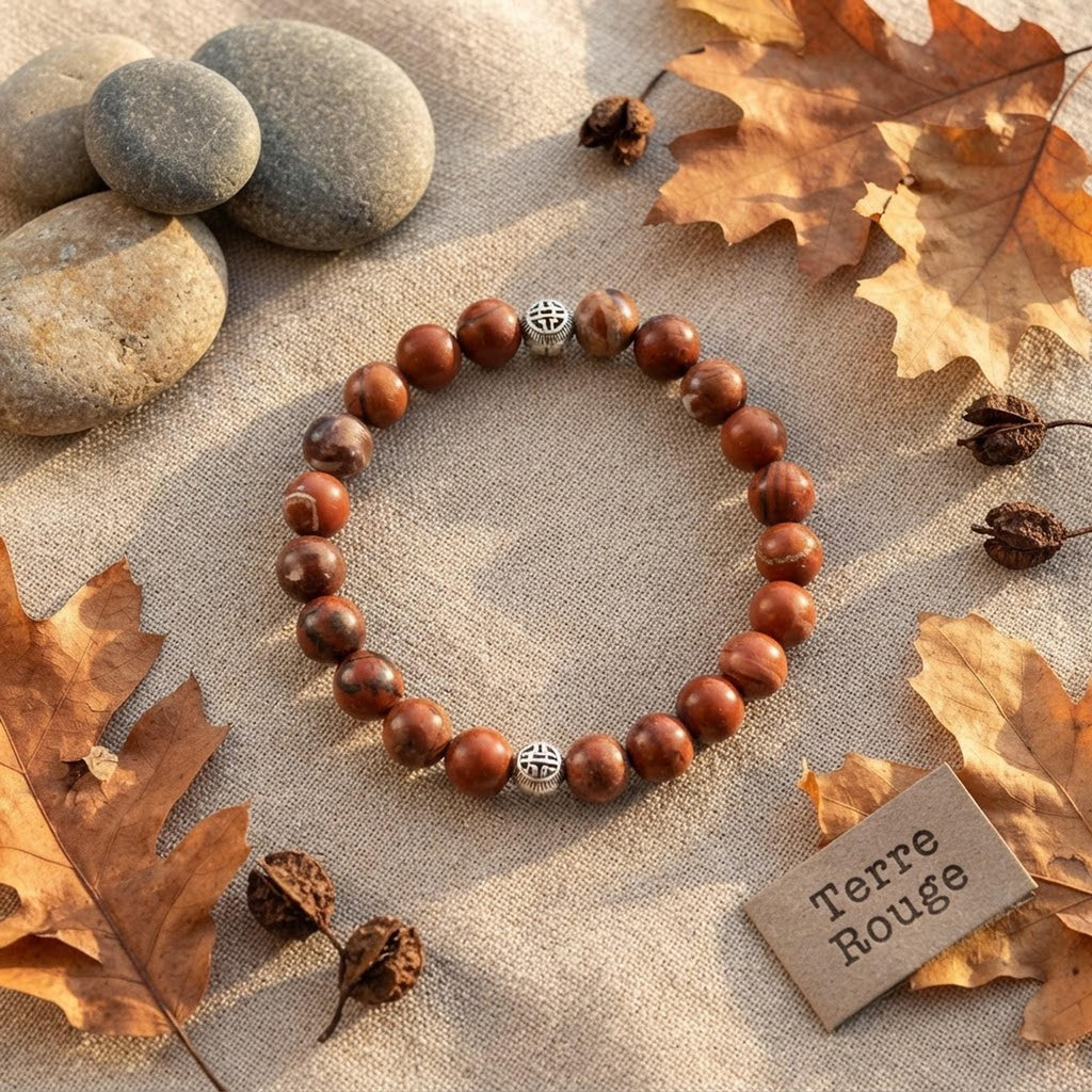 Bracelet Homme en Pierres (origine indéterminée) Rouge Brun, avec Intercalaires Argentés - "Terre Rouge" -