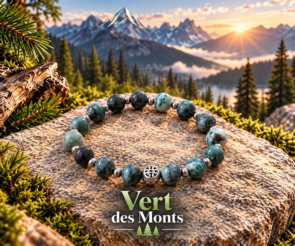 Bracelet en pierres d'origine indéterminée gris/vert - |"  Vert des Monts" -