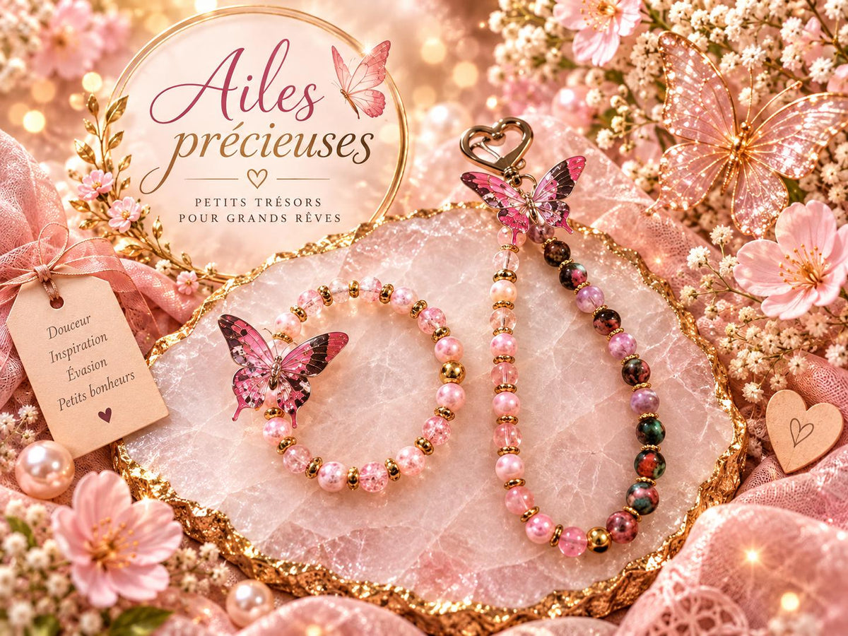 Ensemble bracelet et grigri ou porte-clé - tons roses de différentes nuances  & papillons - "Ailes précieuses" -